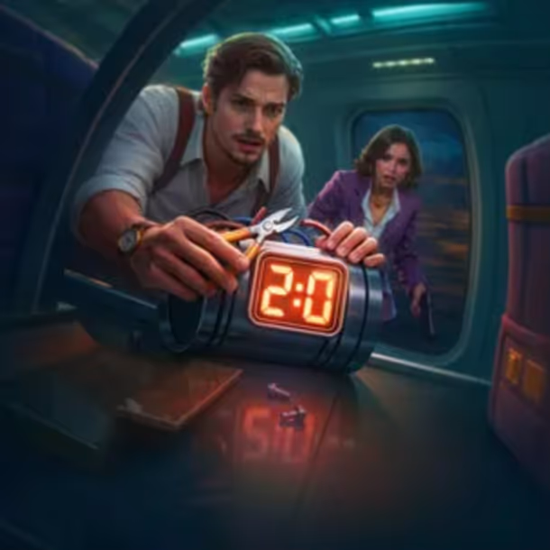 Spinational Casino showcasing players defusing a timer symbolizing fast withdrawals and instant transactions in a futuristic setting.