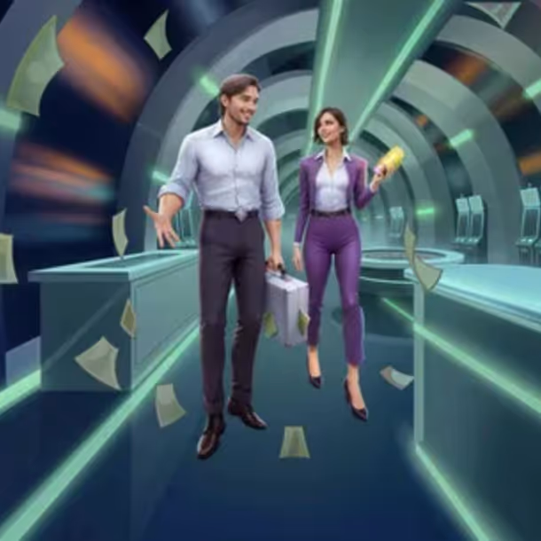 Two Spinational Casino players walking through a vibrant gaming tunnel filled with glowing lights and floating cash.