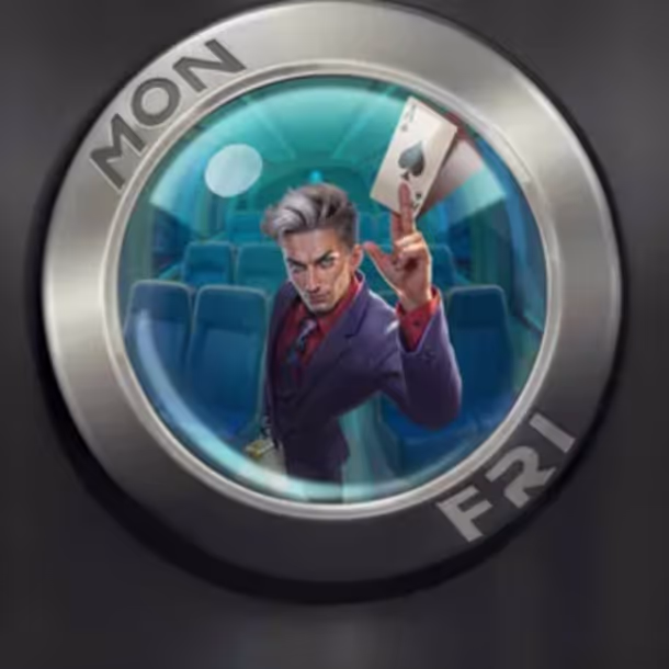 A confident player in a suit holding a playing card, symbolizing skill and strategy in Spinational Casino’s sportsbook section.