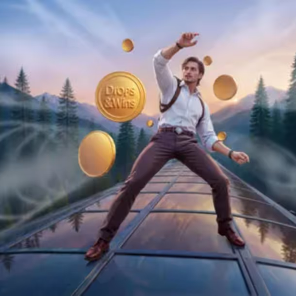 Spinational Casino player striking a victory pose as golden coins and jackpot symbols fill the air.
